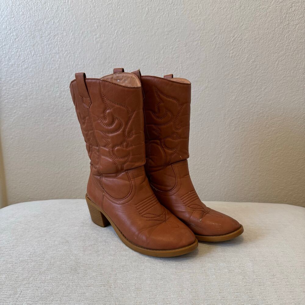 Brown Western Cowboy Boots Mid Calf Embroidered Block Heel